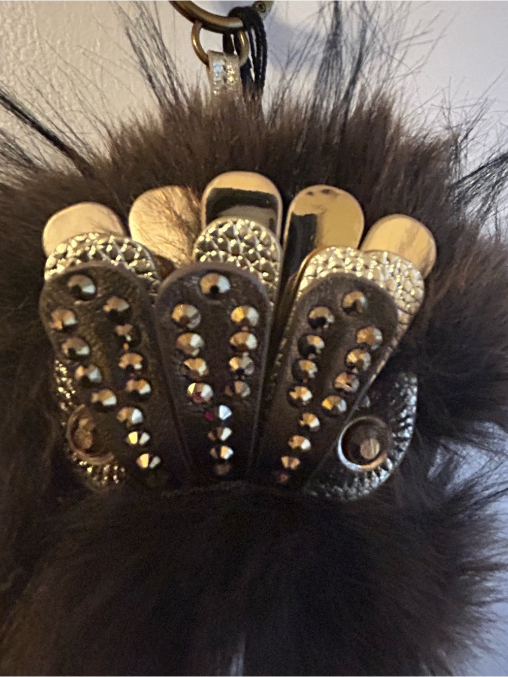Kurt Geiger Brown Furry Pom-Pom Keychain with Gold-Tone Crystal Accents - Picture 9 of 12